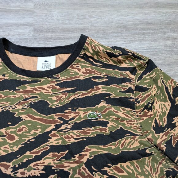 Lacoste Live Men's XXL Tiger Stripe Camo T Shirt Patch Green Brown Army Military - Picture 3 of 6